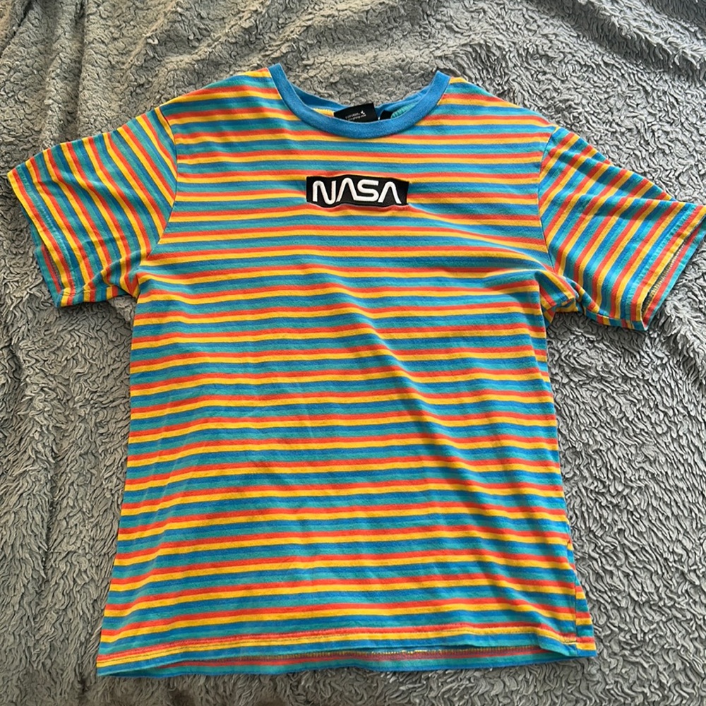 NASA orange yellow blue striped shirt